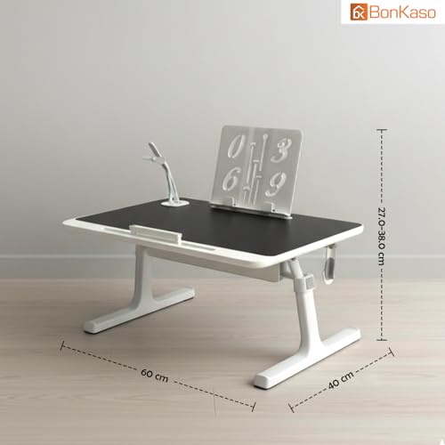 Image of BonKaso Multi-Purpose Laptop Table for Bed (60x40 cm) | Adjustable Height Foldable Lap Desk | Engineered Wood Portable Study Table for Work, Reading & Home Office | Bed Table with Legs (Black)