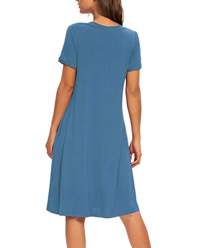 Mintlimit Women's Nightshirt Short Sleeve Nightgown V-Neck Sleepwear Knee Length Pajama Dress With Pockets Loungewear (Blue #2,Size,L) #TOP5
