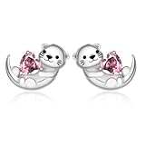 Cute Otter Earrings for Women - 925 Sterling Silver Birthstone Sea Otter Stud Earrings Cute Animal Stud Heart-Shaped CZ Hypoallergenic Jewelry Gift (Birthstone Oct.)