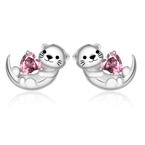 Cute Otter Earrings for Women - 925 Sterling Silver Birthstone Sea Otter Stud Earrings Cute Animal Stud Heart-Shaped CZ Hypoallergenic Jewelry Gift (Birthstone Oct.)