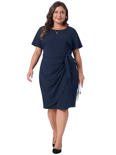 Image of Agnes Orinda Women's Plus Size Office Dress 50s 60s Vintage Belted Tie Pencil Dress Bodycon Wear to Work Dresses