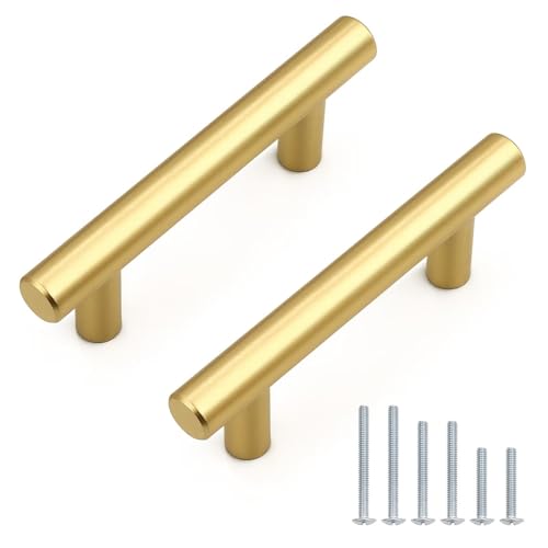 Probrico 1 Pack Hole Centers (64mm) 2-1/2inch Polished Gold Kitchen Cabinet Handles Stainless Steel Gold Cabinet Pulls Round T Bar Pull Handle for Cabinets and Drawers Total Length 4inch(100mm)