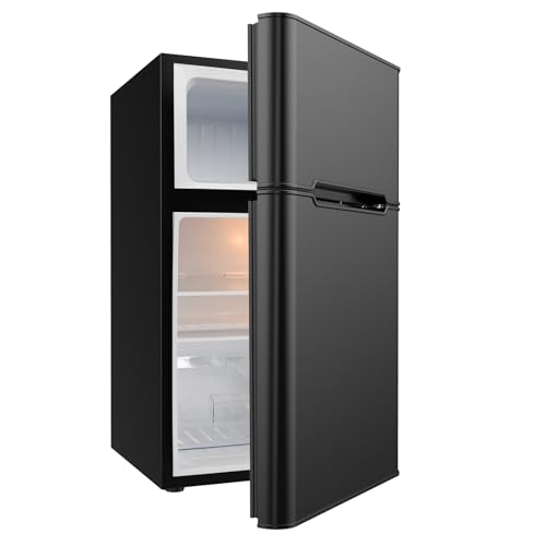 Cobuy 90L Bar Fridge with Freezer Double Door Mini Refrigerator Portable Compact Fridge Freezer for Home Office Dorm Apartment Beer Beverage Cola Wine Black