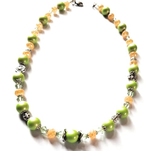 Collier pierres fines orange et vert avec cristal de bohème et acier inoxydable