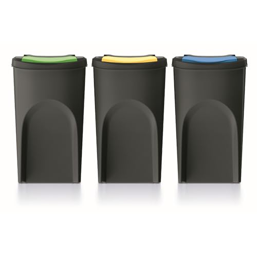 Keden Sortibox Mülltrennsystem – 3er-Set, Je 20 Liter, Aus Kunststoff (schwarz) – Stapelbar, Mit Farbigen Aufklebern