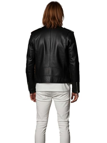 Image of Leather Retail Men's Black Leather Biker Jacket - Classic Motorcycle Style with Zipper Pockets & Belt