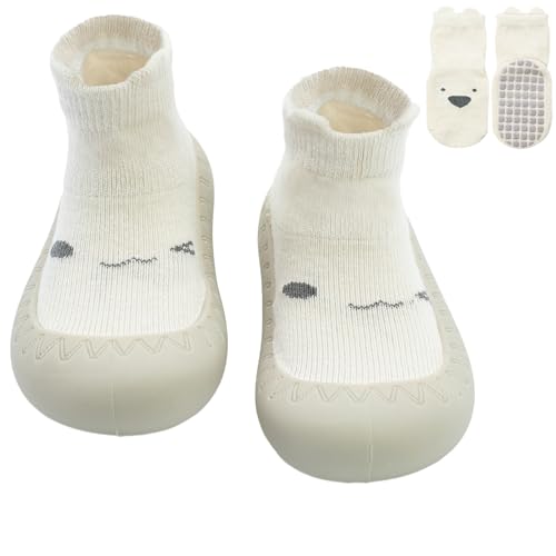 Image of 2 Pair Baby Caroon Non-slip Shoes, Baby slippers Shoes for Boys Girls Walkers Shoes Soft Rubber Grippers with Baby slippers, Khaki, White, Pink, Blue Infant First Walking Shoes 6-12,12-18, 18-24 Months