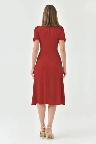 Image of Shasmi Girl's & Women's Solid Midi Dress - Elegant Square Neck Button-Down Dress with Puff Short Sleeves | Stylish Casual & Party & Office Wear Outfit (Dress 105)