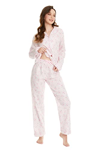 Image of GLOBAL Women Cotton Pajamas Long Sleeve PJs Button Down Sleepwear S-3XL