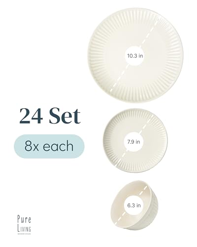 Image of Stoneware Dinnerware Set for 8 People HYGGE 24-Piece - Elegant Scandi Design - Premium Dish Set - Bowl and Plate Set - Tableware for 8 People in a Ribbed Design - Pure Living in Beige