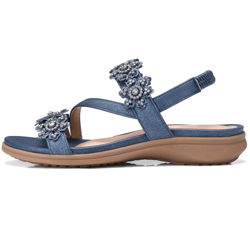 Image of TEMOFON Sandals for Women Flat Dressy Summer Flower Sandals with Ankle Strap Comfortable Casual Walking Flat Sandals Size 5-11