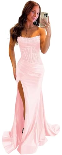 Prom Dresses Plus Size Mermaid Satin Strapless Corset Sequin Sparkly Long with Slit Pleats Light...