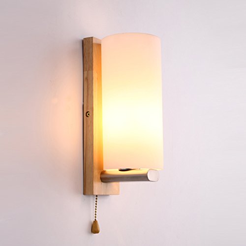 Lámpara de pared moderna de madera maciza y aplique de cristal blanco para dormitorio u hotel