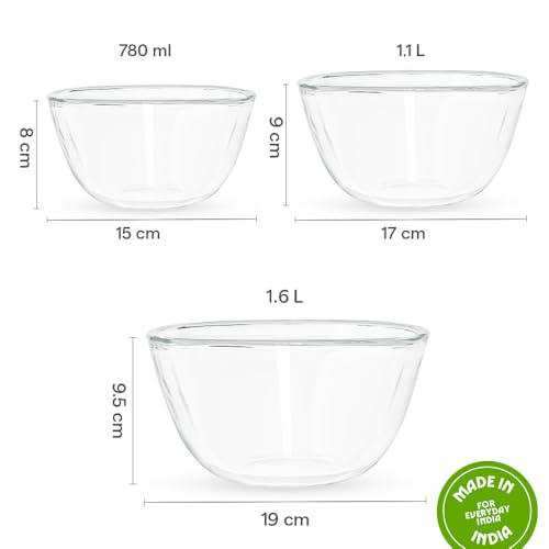 Image of Borosil 3pc Square Shape Serving & Mixing Bowl (780ml + 1.1L + 1.6L)| Borosilicate Glass Bowl for Kitchen & Dinning | Bowl for Mixing Dough, Salad, Batter | Microwave & Dishwasher Safe | Transparent
