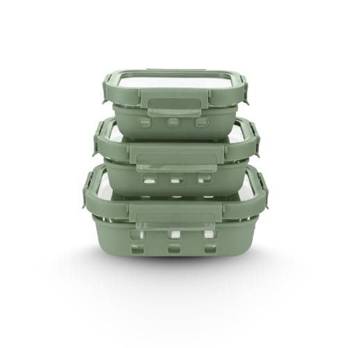 Image of Griplok Glass Lunch Box with Leakproof Lid, Borosilicate Food Storage Container with Silicone Sleeve, Airtight, Microwave /Dishwasher Safe (Forest Green, 1x370ml + 1x640ml + 1x1050ml)