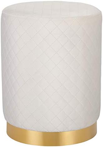BIRDROCK HOME Round Cream Velvet Ottoman Foot Stool with Lattice Design – Soft Compact Padded Stool – Gold Trim – Great for The Living Room or Bedroom – Decorative Furniture – Foot Rest