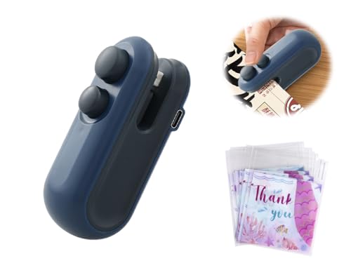 Hitopin 1 Pieza 2 en 1 Mini Sellador de Bolsas, 2 en 1 Bag Sealer con Cortador, Mini Selladora de Láminas, Mini Sellador de Láminas, Recargable por USB,Frigorífico Adsorbible(Azul)