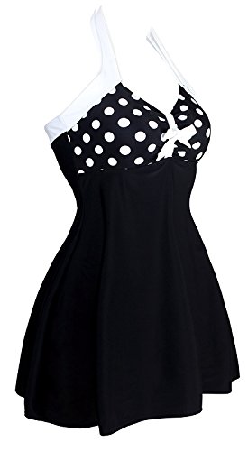 Women's black white polka dot one piece swimdress padded plus siz…