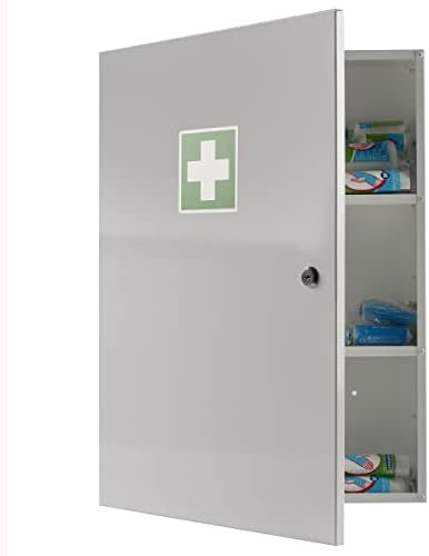 Medical 2 Medicine Storage Cabinet Shelves Wall Mounted Extra Large First Aid White Lockable Shelf Metal Case for Bathroom Secure Box Locker with Child-Proof Lock for Medication Home or Office