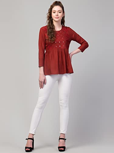 Image of FIMS - Fashion is my style Women Cotton Pleated & Gathered Embroidery Stone Full Sleeves Top Regular Fit Round Neck Tops for Girls