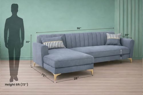 Image of Adorn India Premium Luster 8 Seater L Shape Sofa Set with 2 Puffy & 1 Center Table | Velvet Suede Fabric | 3-Year Warranty | LHS | Grey with Golden Legs & Striped Pattern Cushion