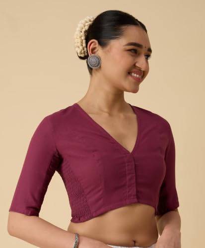 Image of Studio Shringaar Women's Thick Handloom Cotton Plain Side Stretch (Smocked) Readymade Saree Blouse