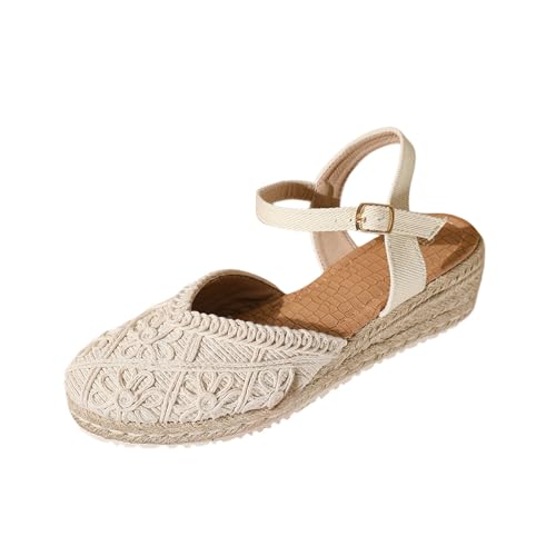 Sandalias de alpargata para mujer con bordado y correa al tobillo, puntera cerrada y plataforma, sandalias de verano para mujer, Blanco, 38 EU