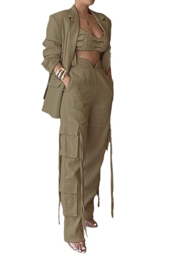 Women's Spring Fall 2 Piece Blazer Set Casual Loose Long Blazer Jackets and Straight Wide Leg Pant Suits Pockets