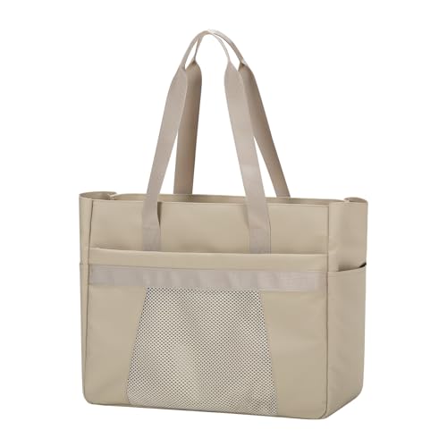 Apenze Bolsas de mano para mujer, etiqueta para laptop con cremallera y soporte para tazas, bolso de mano de gran capacidad para trabajo, viajes, gimnasio, marrón claro, 16inch-B