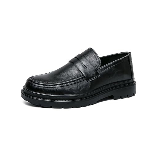 Men's Leather Tassel Platform Loafers Round Toe Lug Sole Slip On Penny Shoes for Business Work Office Dress