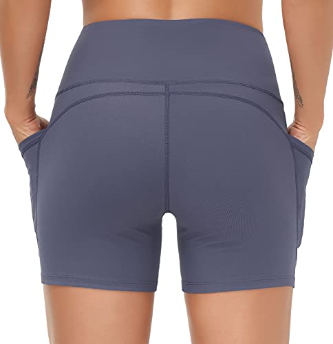 Image of THE GYM PEOPLE High Waist Yoga Shorts for Women's Tummy Control Fitness Athletic Workout Running Shorts with Deep Pockets