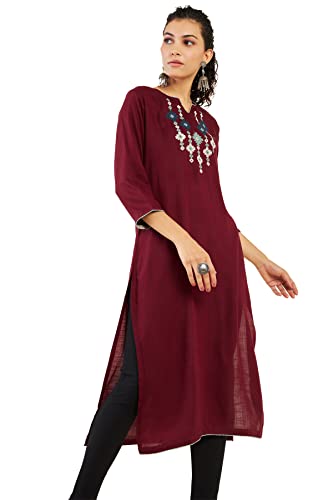 Image of Soch Women Maroon Rayon Embroidered Kurta