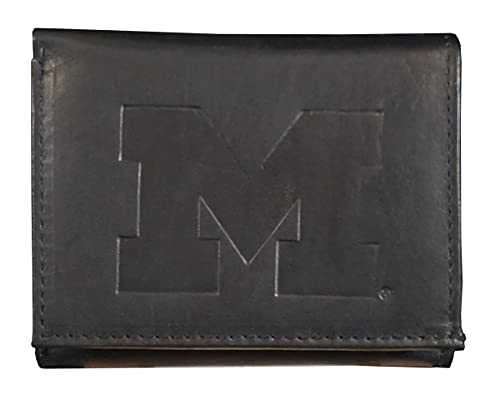 Rico University of Michigan - Distressed Look - Embossed Logo Black Leather Trifold Wallet
