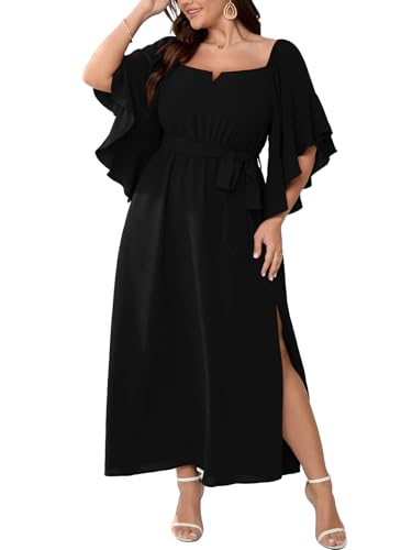 SCOMCHIC Women Plus Size Wedding Guest Maxi Dress Square Neck Ruffle 3/4 Sleeve Belted Slit A Line Formal Long Dresses