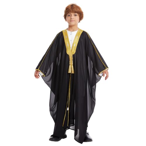 FYMNSI Boys Robe Islamic Muslim Clothes Kimono Loose Abaya Long Sleeve Embroidered Chiffon Kaftan Cardigan Casual Dubai Thobe3