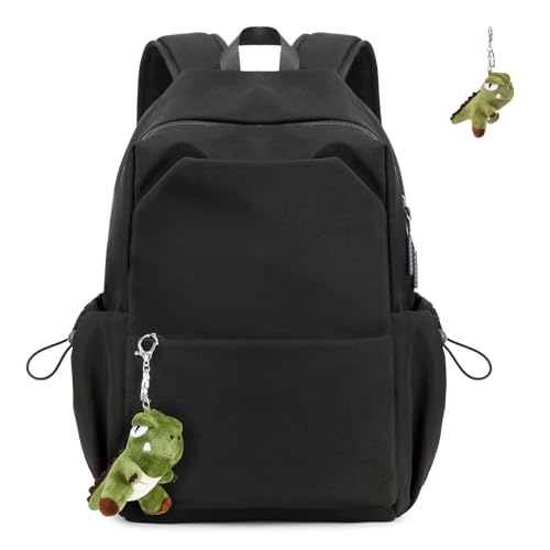 PIG PIG GIRL School Backpack for Teens, Lightweight School Bags for Girls Boys Bookbag Casual College Backpack with Furry Doll, Black