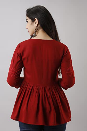 Image of Shiva FAB Women's Rayon Embroidered Regular Fit Tops Black (X-Large, Maroon EMB)