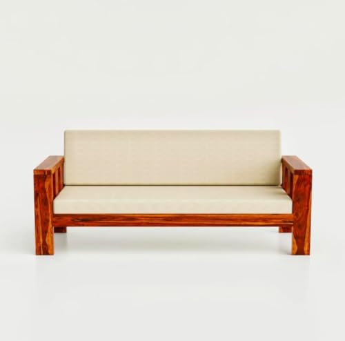 Image of Solid Sheesham Wood 3 Seater Sofa for Living Room with Cushion | Honey Finish | Wooden Couch for Home & Office Furniture | Length 70″ x Width 28″ x Height 32″