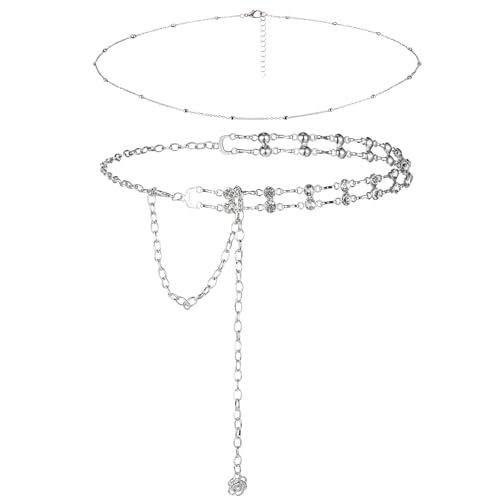 Thinp 2 Pieces Chain Belts for Women Fashion Plus Size Waist Chain Belt Women Rhinestone Chain Belt for Dress Belt Silver Waist Belt Belly Chain Skinny Waist Band for Jeans Concert Outfit(2 Styles)
