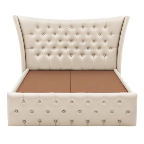 Image of HITHOS Furniture Modern Upholstered King Size Bed with Box Storage Solid Wood Double Bed Cot Bed Palang for Living Room Home Bedroom (Beige) 1