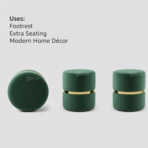 Image of Round Single Strip Upholstered Stool Living Room Foot Rest Linen Fabric Padded Seat Pouf Ottoman Office Stool Dark Green