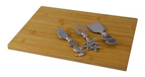 Bamboo Cheese Board Charcuterie Platter Set with Prong Fork and Two Knives in Silver Nautical Themed