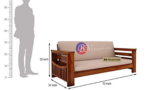 Image of BN Furniture Solid Sheesham Wood Sofa Set 6,5,3 & 2 Seater | Wooden Sofa Set with cushioned back for Living Room Stylish, Durable & comfortable for Home, Office, Hall & Guest Room (style 37, 3 seater)