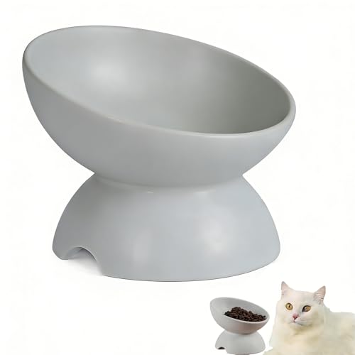 Perky Tail 猫 食器 陶器 えさ 皿 猫用 ご飯皿 餌入れ 脚付フードボウル 15度の傾斜 食べやすい 吐き戻し軽減 首の負担を軽減 快適な食事 お手入れ簡単 食洗機対応 電子レンジ対応 グレー