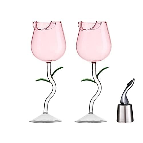 Creative Rose Flower Wine Glasses Crystal Red Wine Glasses, Goblet Wine Cocktail Juice Glass for Party Wedding Festival Bar Celebration,Stainless steel champagne red wine stopper (Pink)