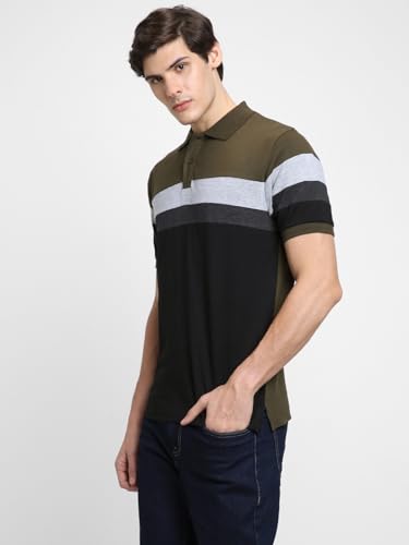 Image of Dennis Lingo Men's Cotton Stripes Regular Fit Mandarin Collar Short Sleeve Polo Tshirt