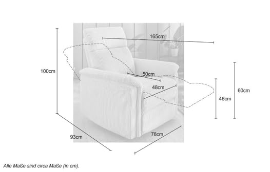 Stilvoller Fernsehsessel mit Federkernpolsterung und Wellenunterfederung B78/T93/H100 cm, verstellbarer TV-Sessel durch praktische halbautomatische Relaxfunktion, Bezug Cord in Beige / 15504 – Bild 4