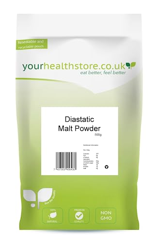 yourhealthstore Premium Diastatic Malt Powder 500g, 80-120 Lintner, Barley Malt for Bread Making (Resealable and Recyclable Pouch).