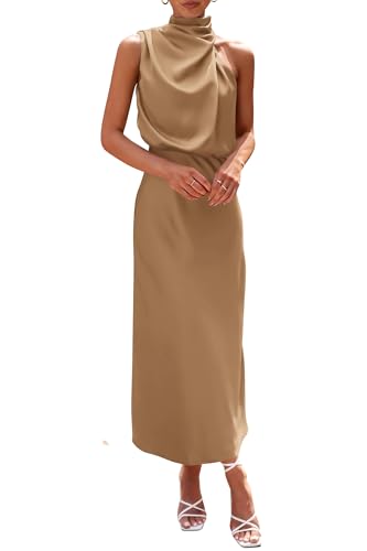 Image of PRETTYGARDEN Women's 2026 Summer Satin Dress Elegant Sleeveless Mock Neck Cocktail Party Maxi Dresses