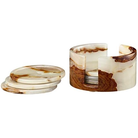 Marble Coasters with Holder (Set of 6) – Hand Carved, Polished Coasters for Coffee Table w/Non-Slip Felt Bottoms – Sturdy & Durable Unique Coasters, Luxurious Decorative Coasters Cover